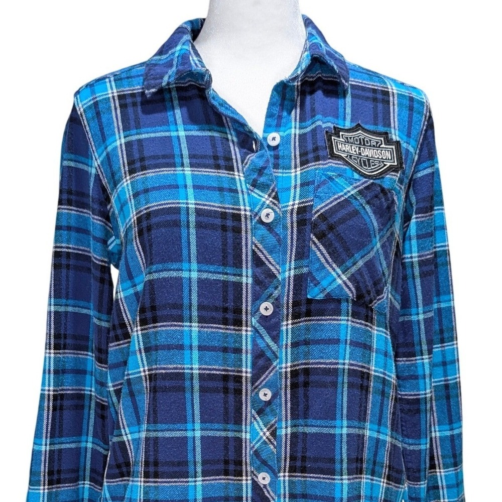 Woolrich Plaid Flannel Shirt Harley Davidson Patch Blue Black‎ White S - Picture 5 of 15